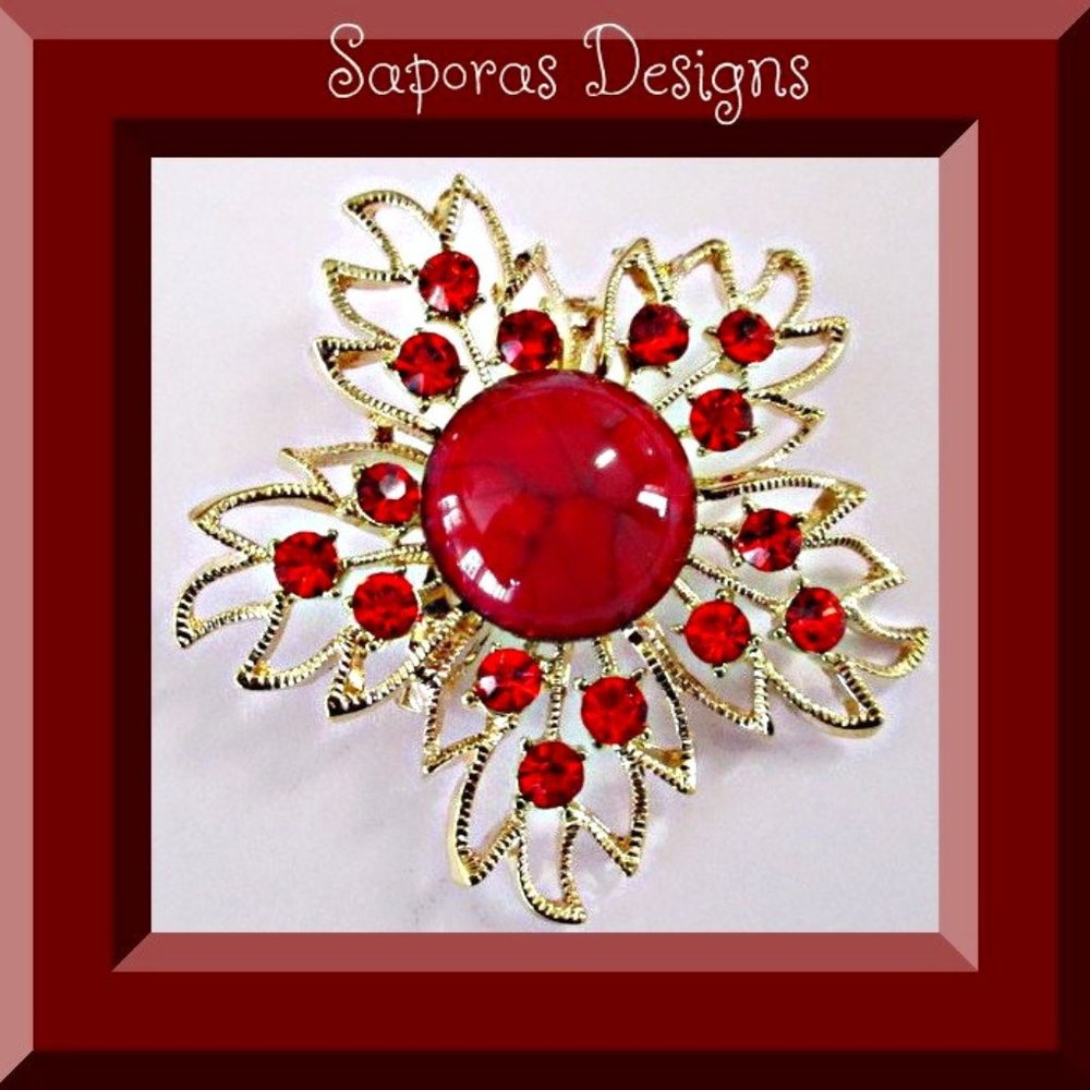 Gold Tone Flower Design Brooch With Red Bead & Red Crystals